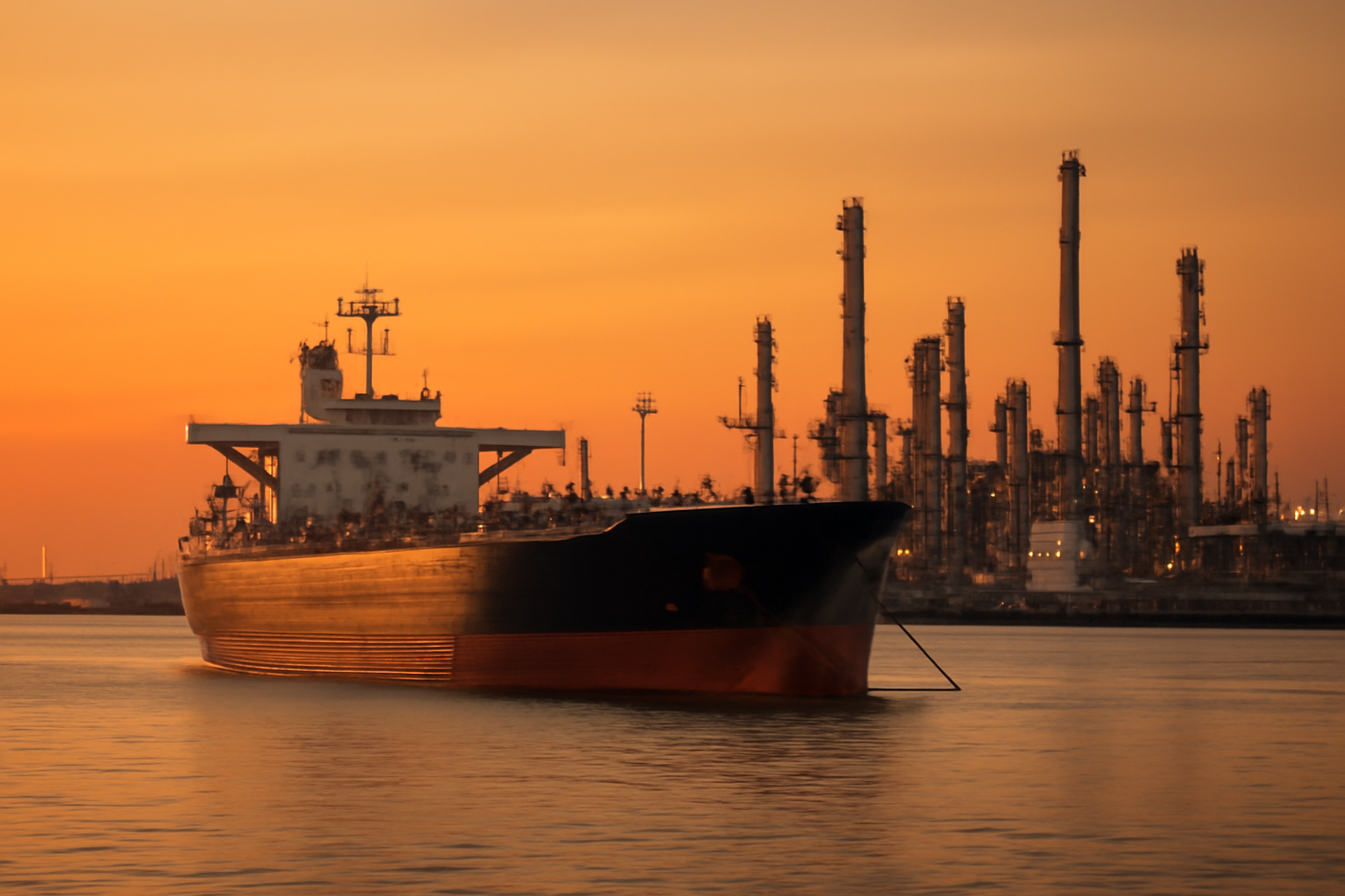 Oil tanker and refinery infrastructure silhouetted against a Gulf coastline at dusk
