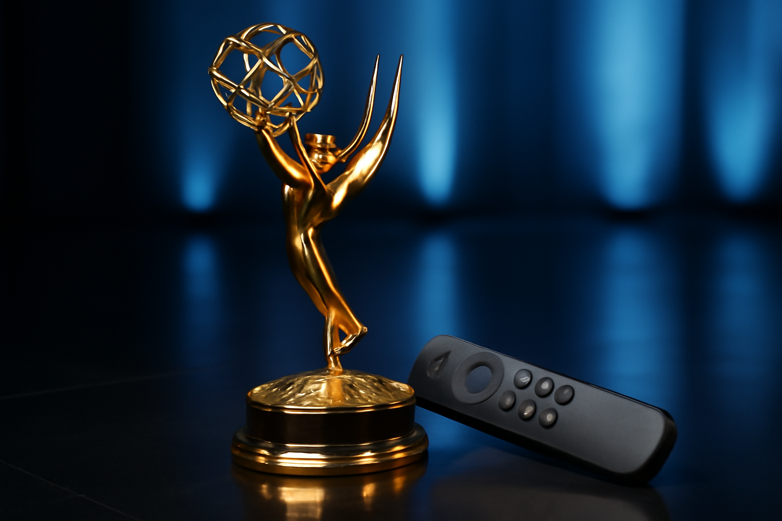 Emmy statuette standing beside a glowing streaming-device remote control on a dark stage backdrop