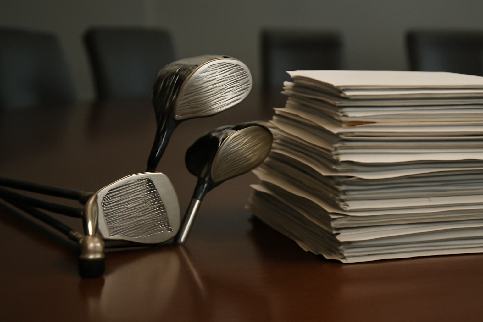 Golf clubs and a stack of financial documents on a boardroom table