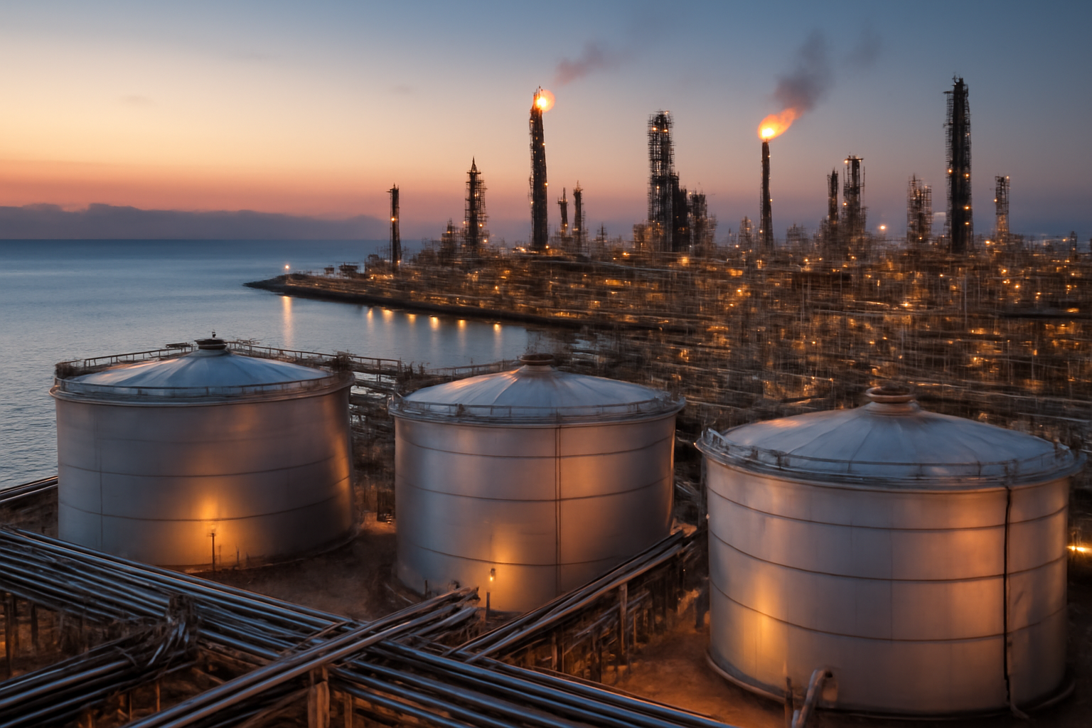 Oil refinery towers and storage tanks at a Saudi Arabian coastal facility at dusk