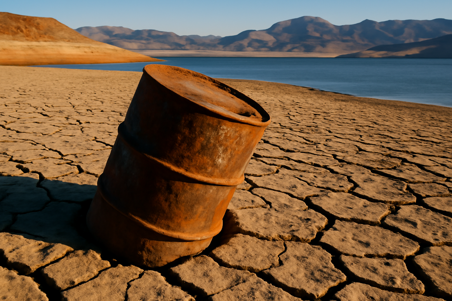 Rusted metal barrel partially buried in cracked lakebed sediment near receded shoreline