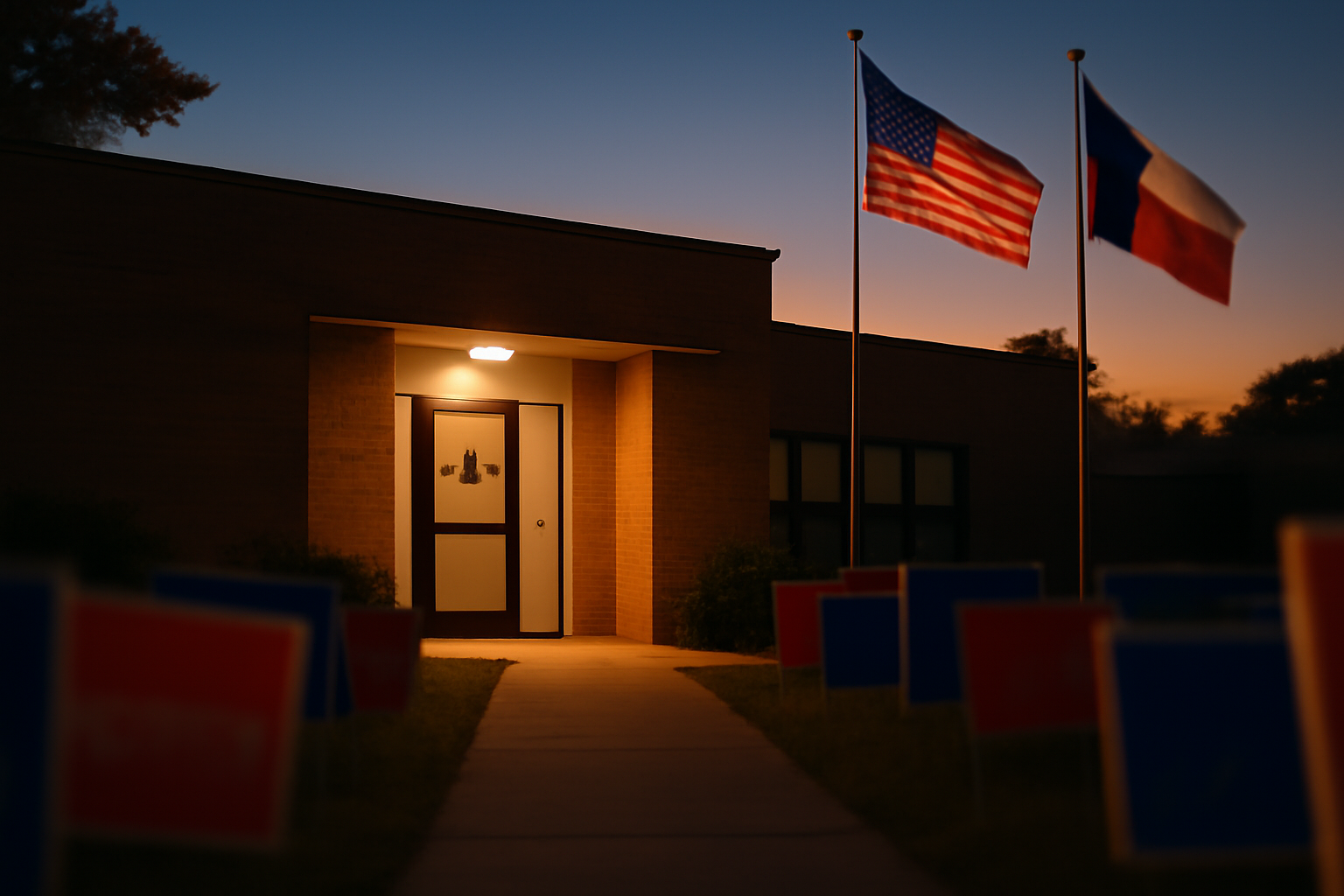 Campaign yard signs for Texas Senate candidates displayed side by side outside a polling location