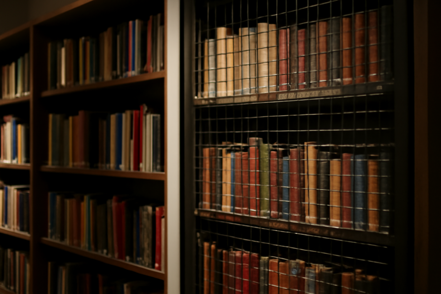 Rows of banned books displayed behind a metal cage with wall plaques at a public exhibit
