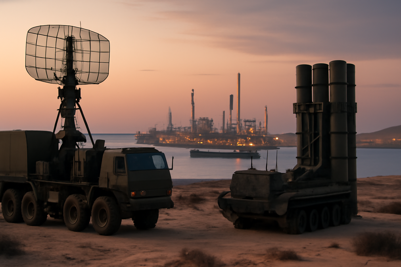 Radar and air-defense equipment positioned near an oil refinery and port terminal on a coastline at dusk