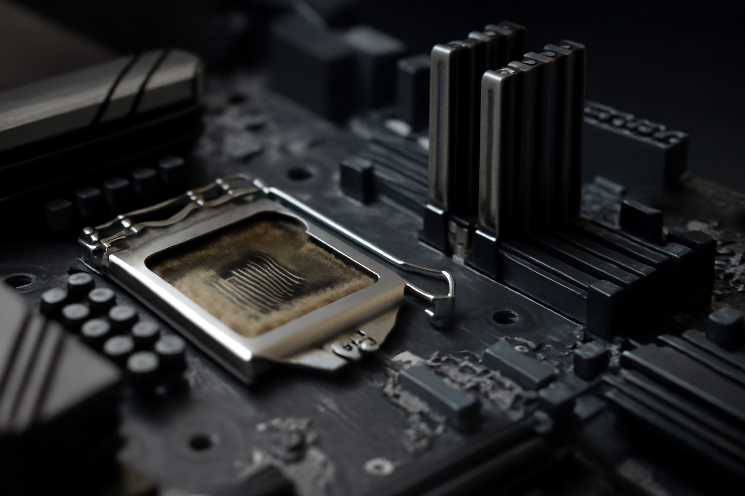 A desktop computer motherboard with an open CPU socket and DDR4 memory modules installed in slots