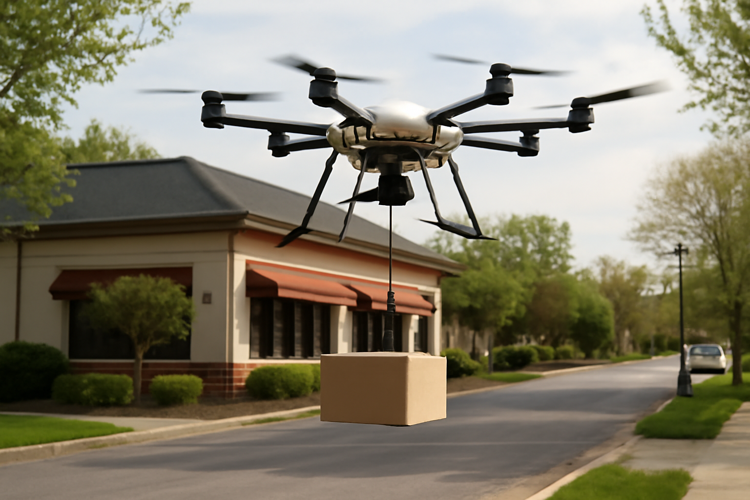 Six-propeller delivery drone with a cargo winch hovering above a suburban driveway