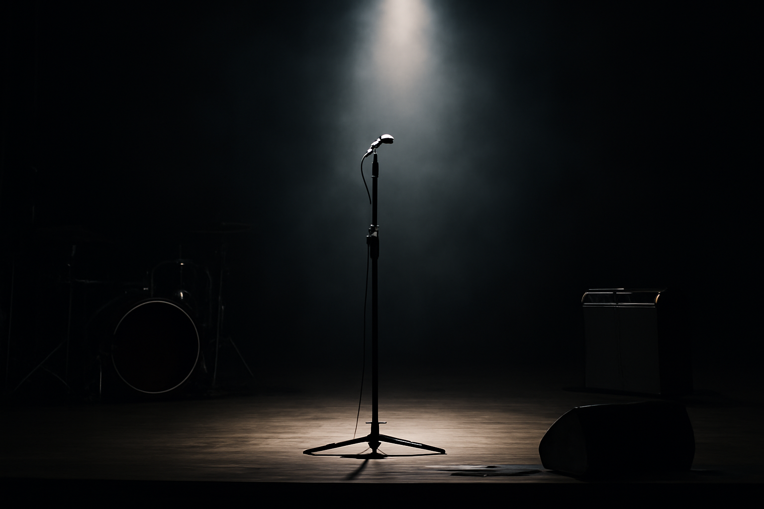 A microphone stand on an empty concert stage lit by a single spotlight, no performer visible