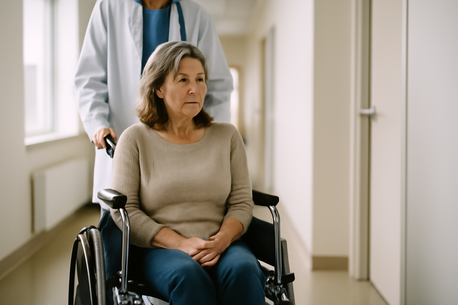 An actress in a wheelchair being wheeled through a medical office hallway toward an exam room