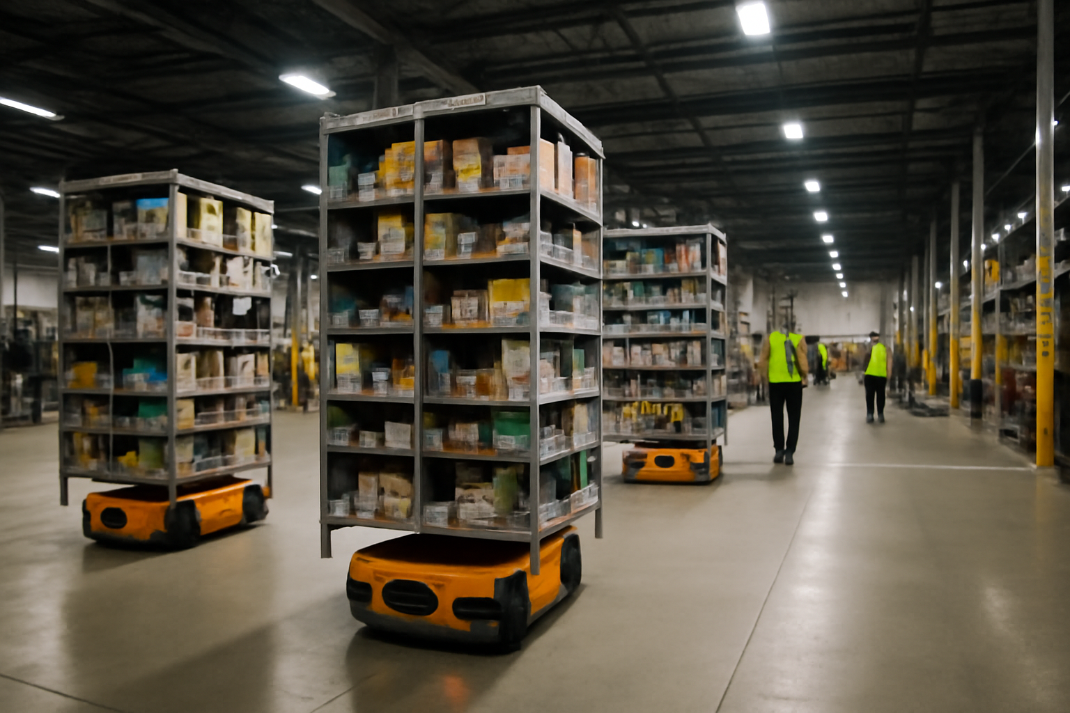 Wheeled warehouse robots moving tall inventory pods inside an Amazon fulfillment center
