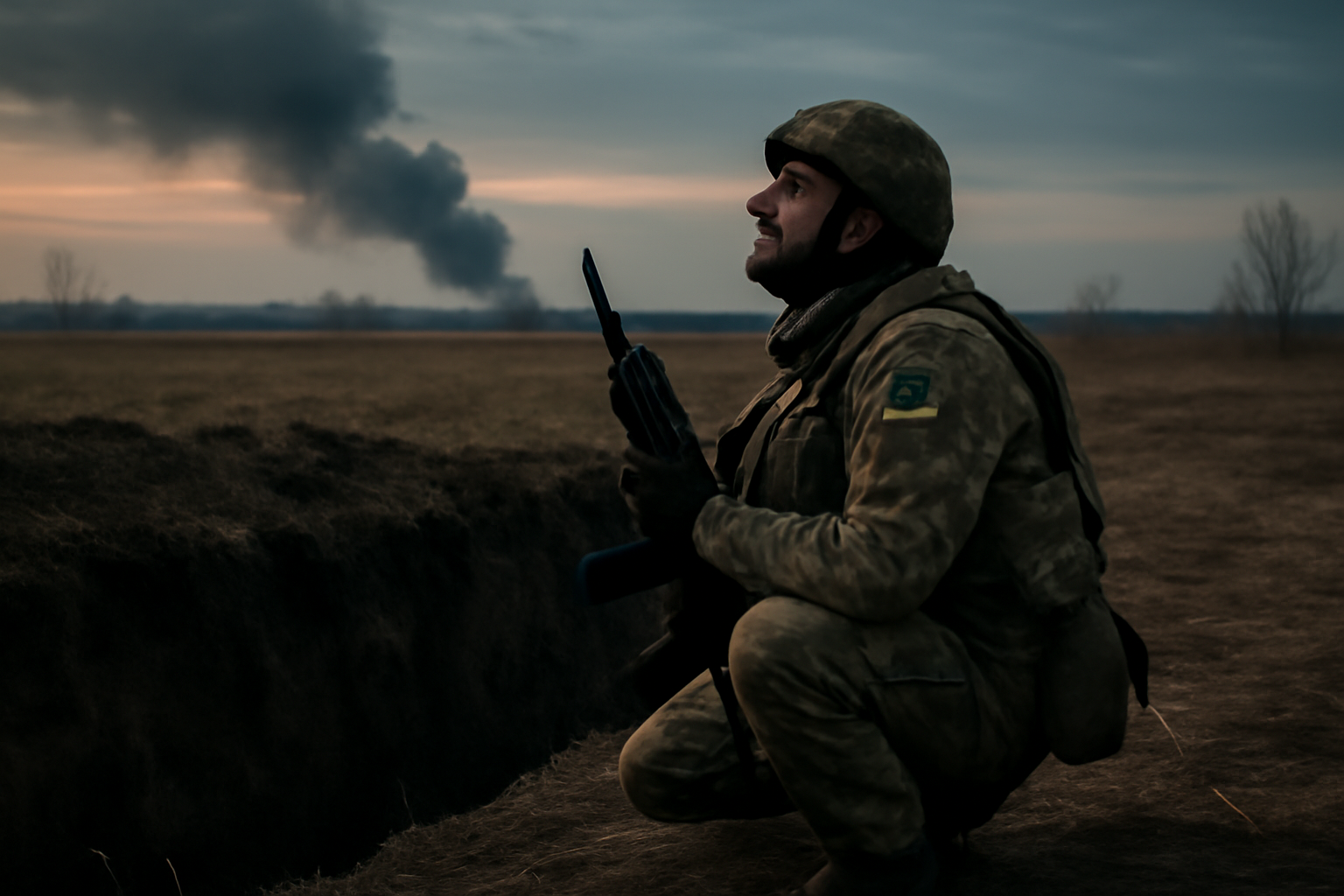 Ukrainian soldier scanning an open field near a trench line along the eastern front at dusk