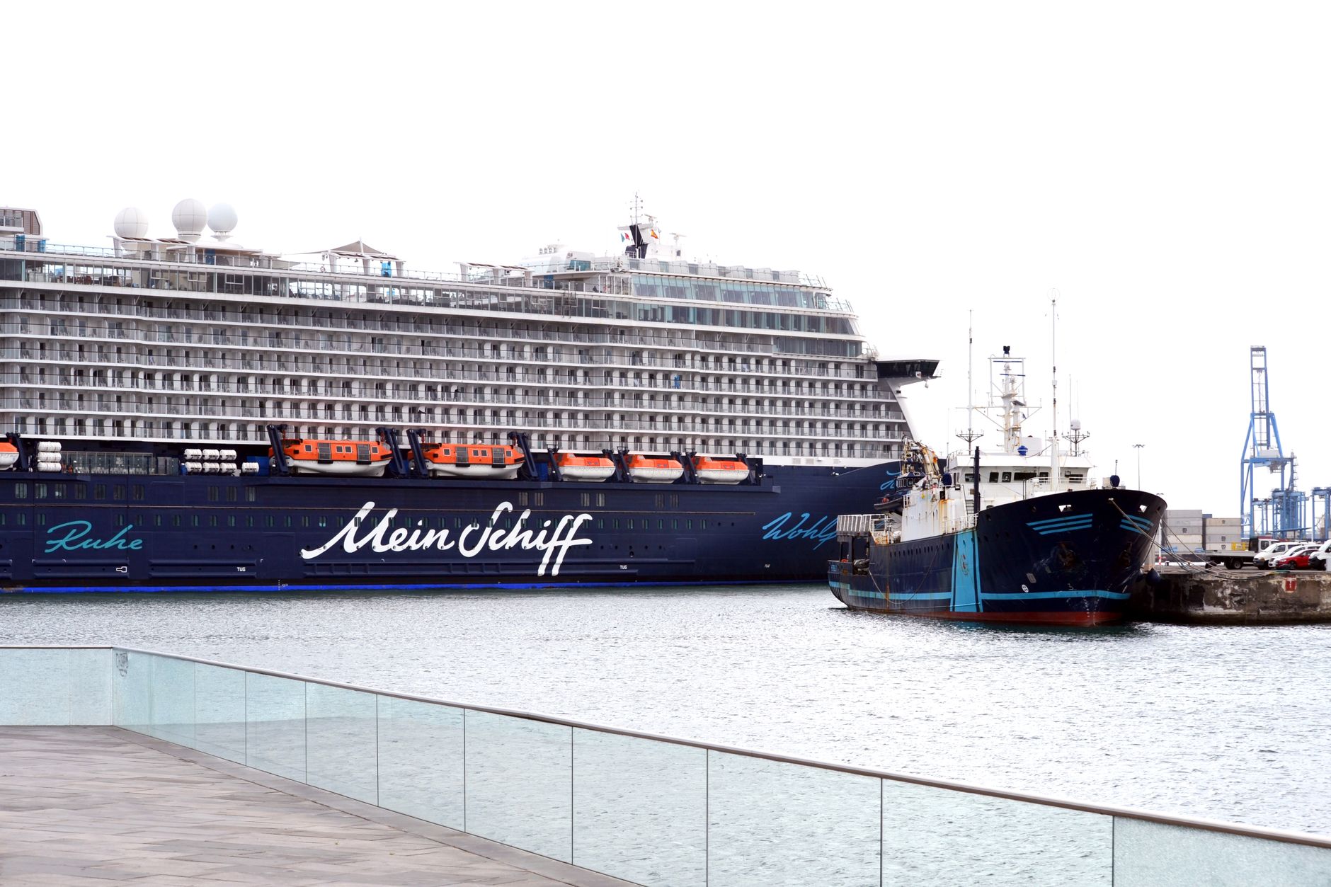 Large cruise ship moored at a German industrial port with visible damage near its lifeboat davits