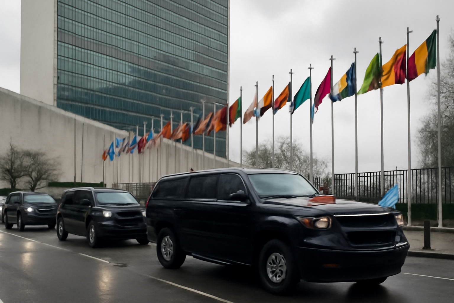 Motorcade of black government vehicles arriving outside the United Nations headquarters in New York