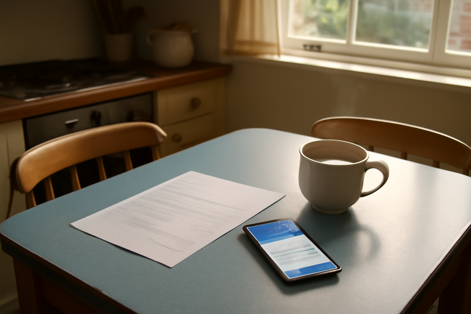 A water utility bill and bank statement on a kitchen table in a London home