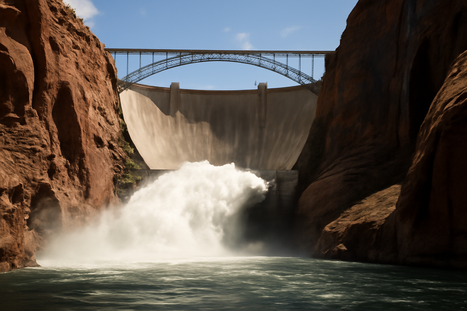 Water flowing from Glen Canyon Dam into the Colorado River near Page, Arizona