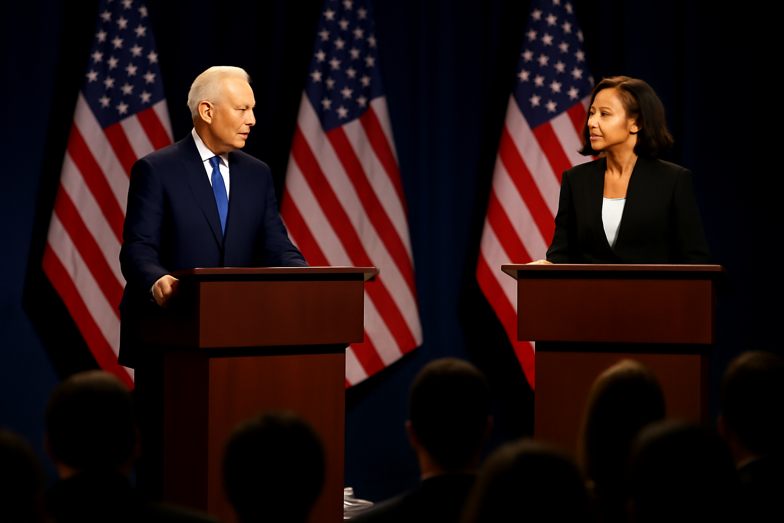 Two candidates at podiums facing each other across a debate stage with a live audience in the foreground
