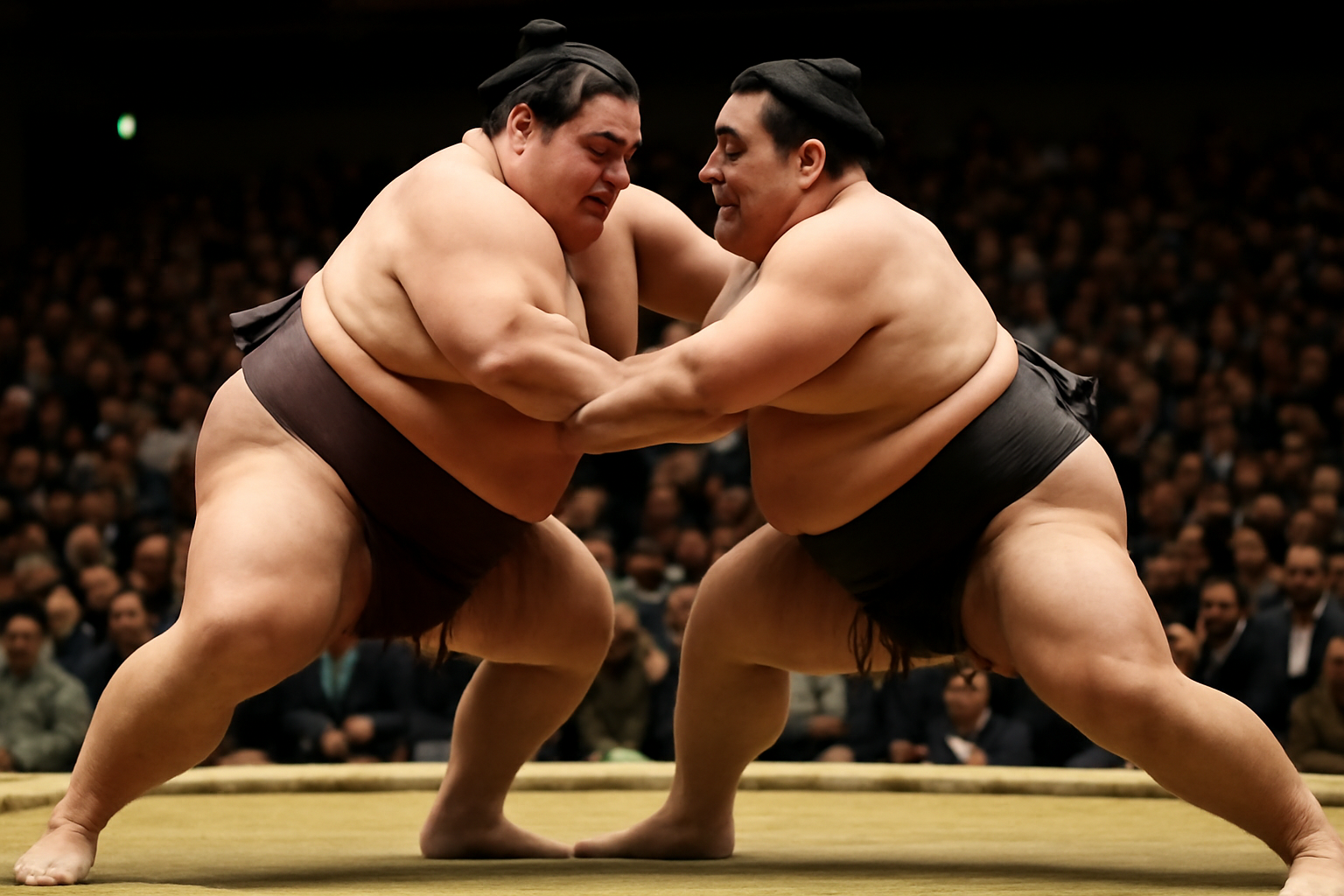Two sumo wrestlers in traditional mawashi belts grapple inside a packed arena ring