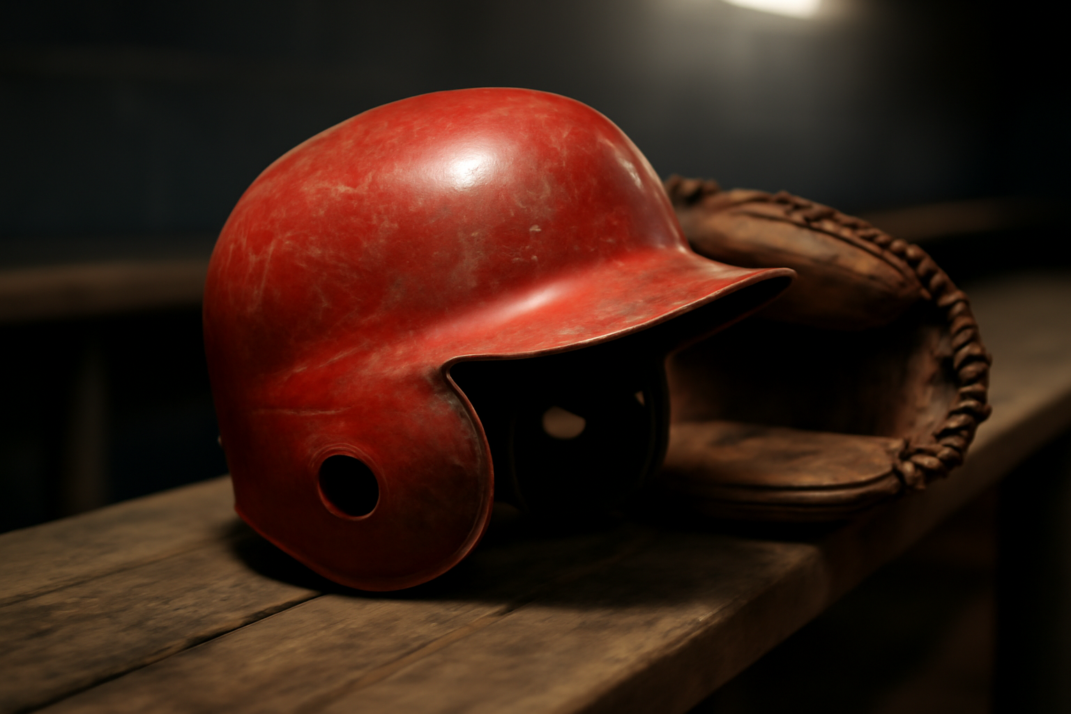 A Cincinnati Reds batting helmet and glove resting on a dugout bench