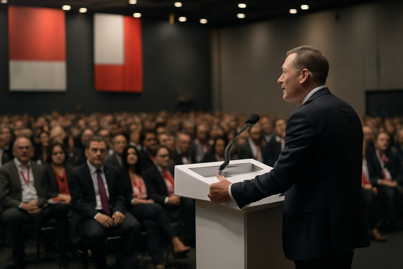 A politician speaks at a lectern before rows of seated Labour Party conference delegates in a large convention hall