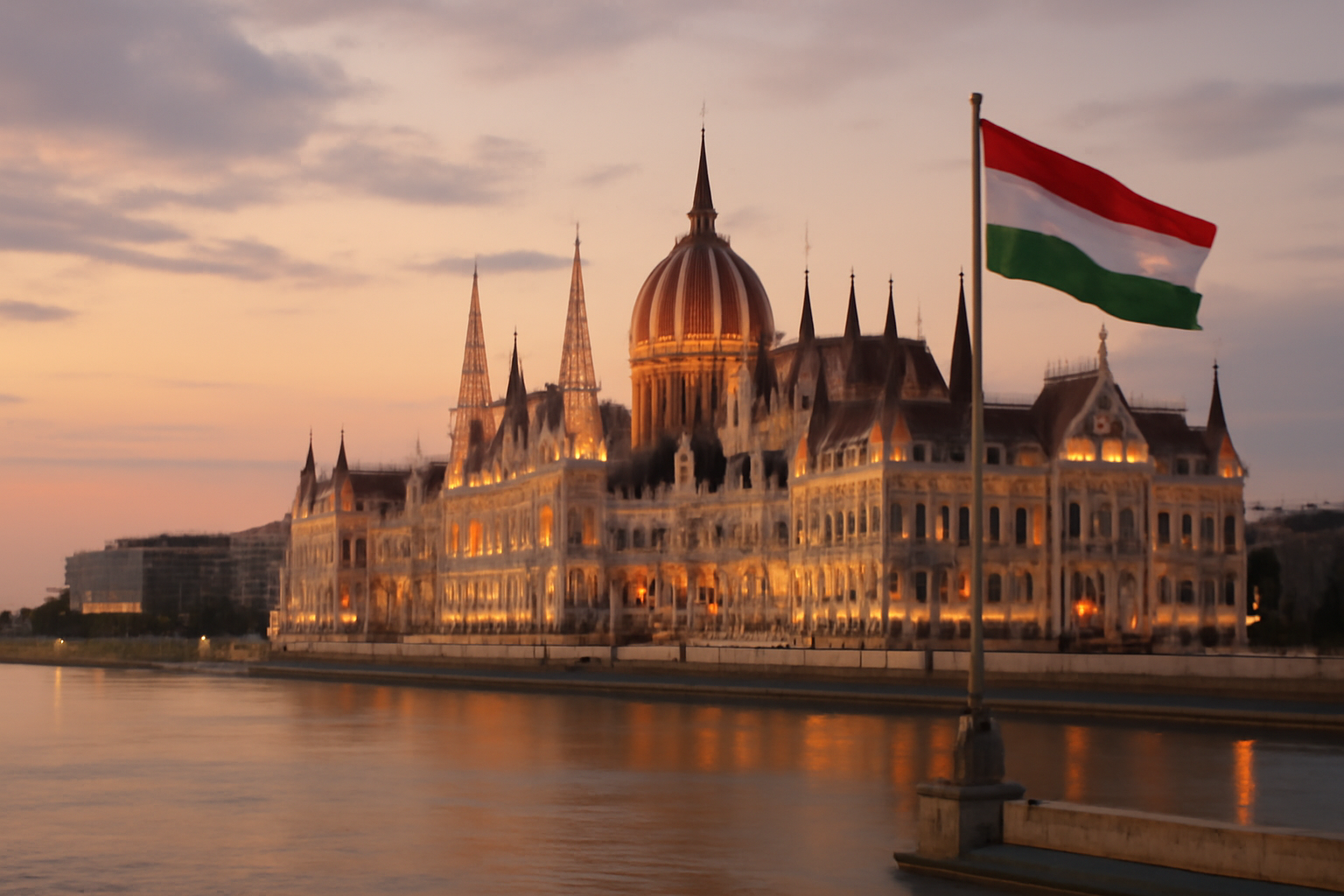 Hungarian Parliament Building along the Danube River in Budapest under overcast sky