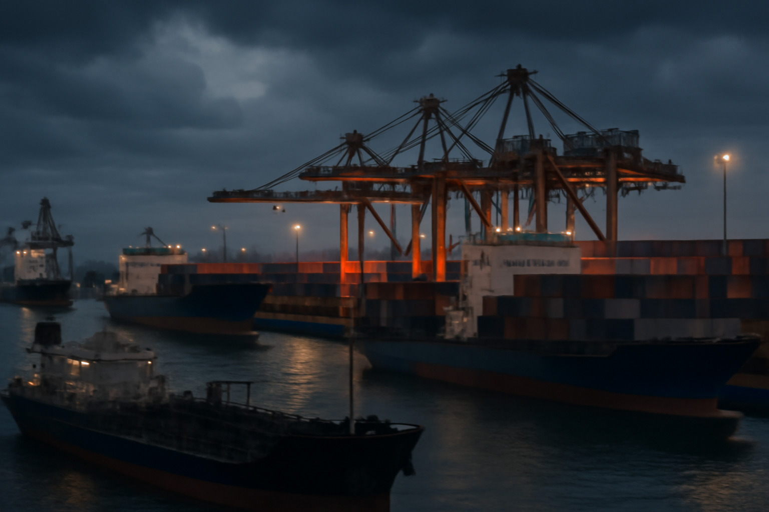 Cargo ships and diesel tankers queued at a busy international port under overcast skies