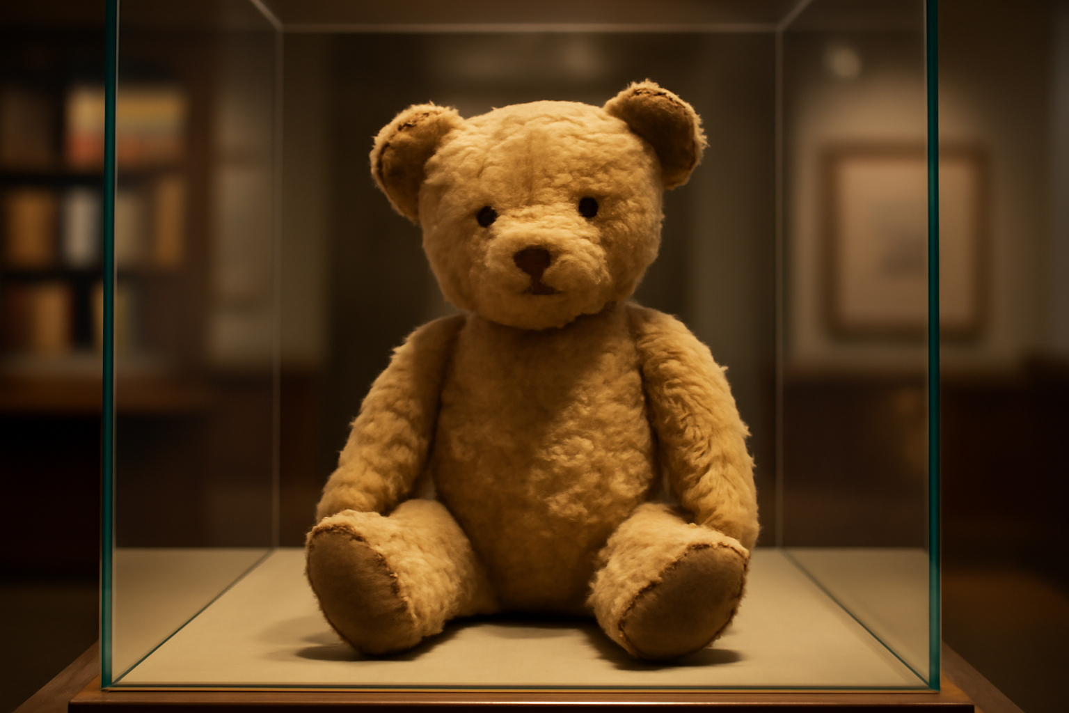 A worn stuffed teddy bear displayed in a glass museum case