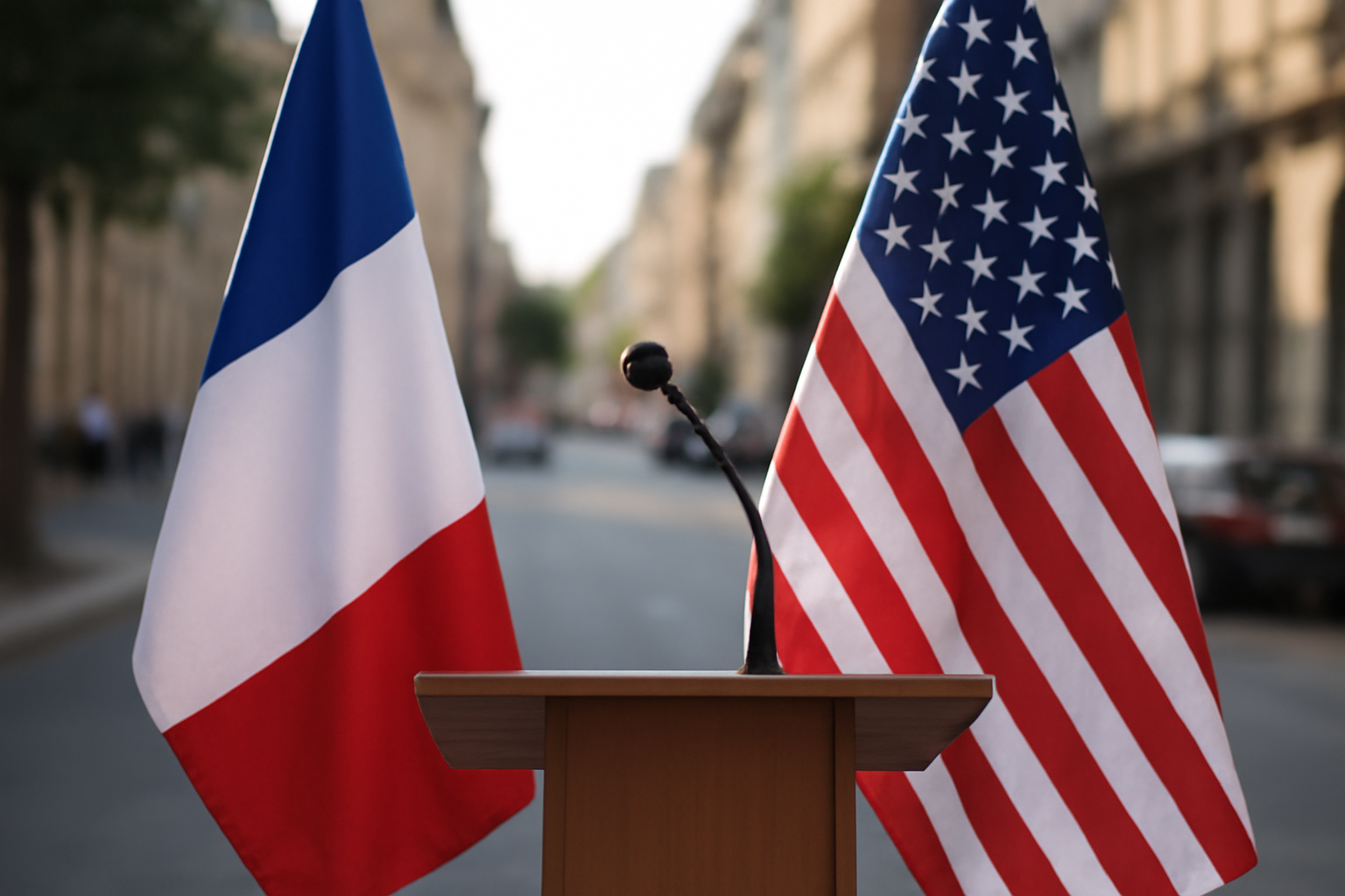 French and American flags standing near an outdoor podium with a blurred urban street scene behind them