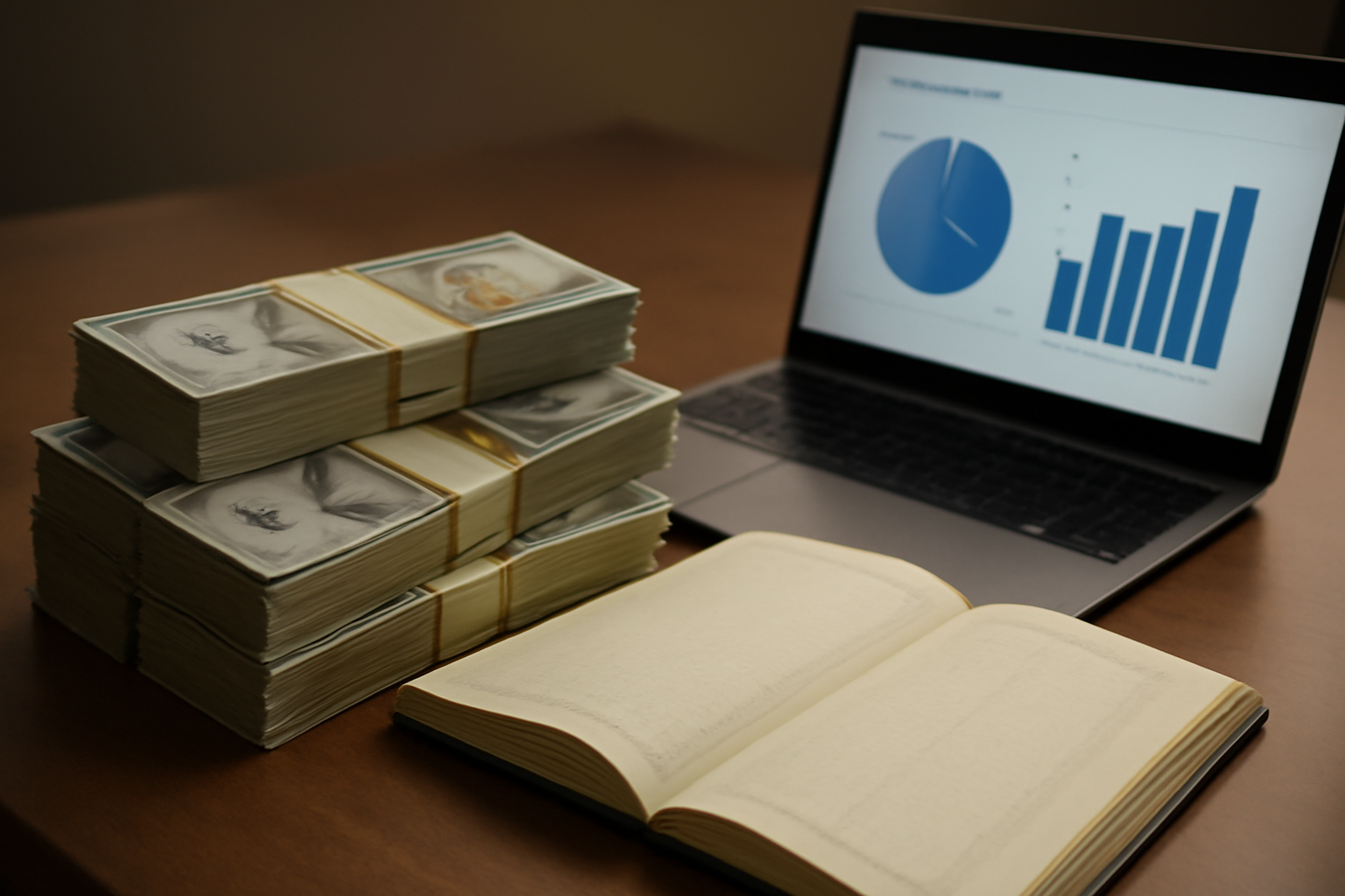 Stacks of US currency beside a Republican campaign donation ledger on a desk