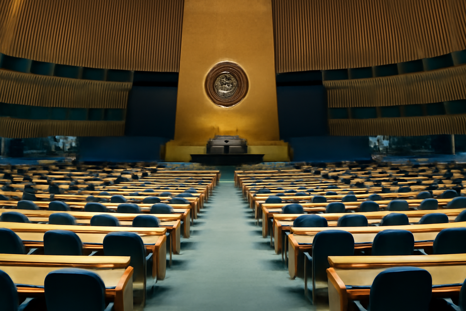 United Nations General Assembly hall with delegate seating and a speaker's podium under the UN emblem