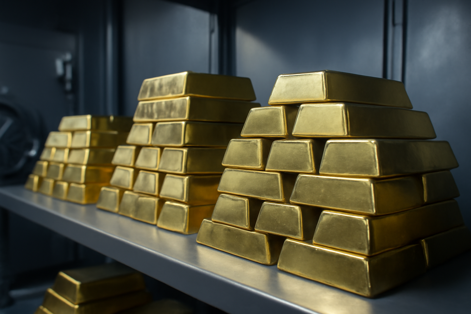 Stacked gold bars inside a bank vault under industrial lighting