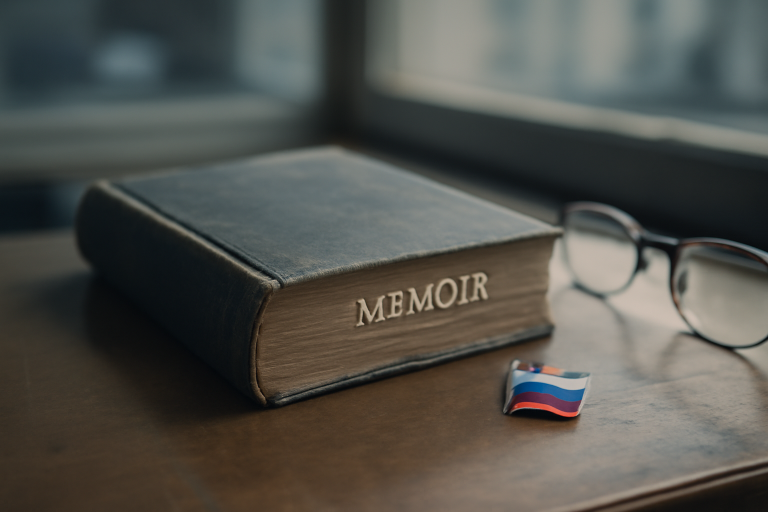 A worn hardcover memoir sits on a wooden desk beside a small Russian flag and a pair of reading glasses