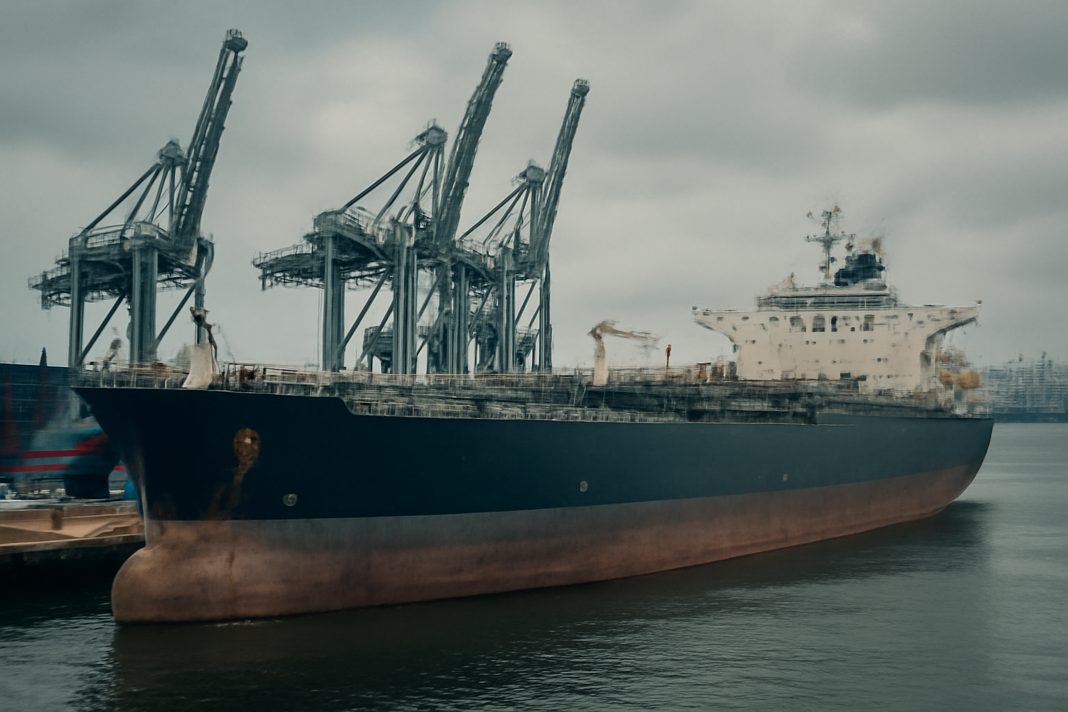 Russian oil tanker at a port terminal with cranes in the background