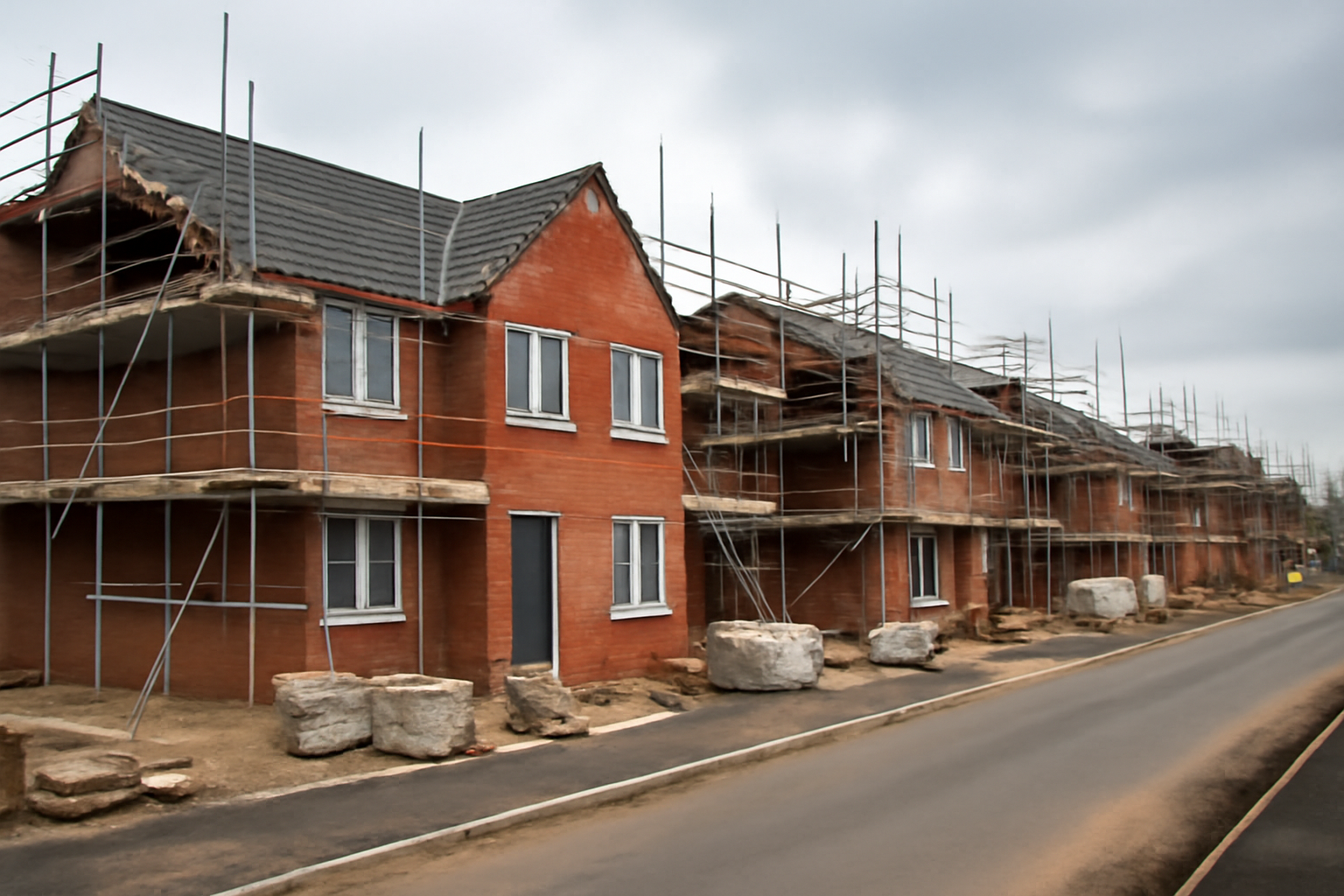 Rows of new-build houses under construction with scaffolding in an English suburb