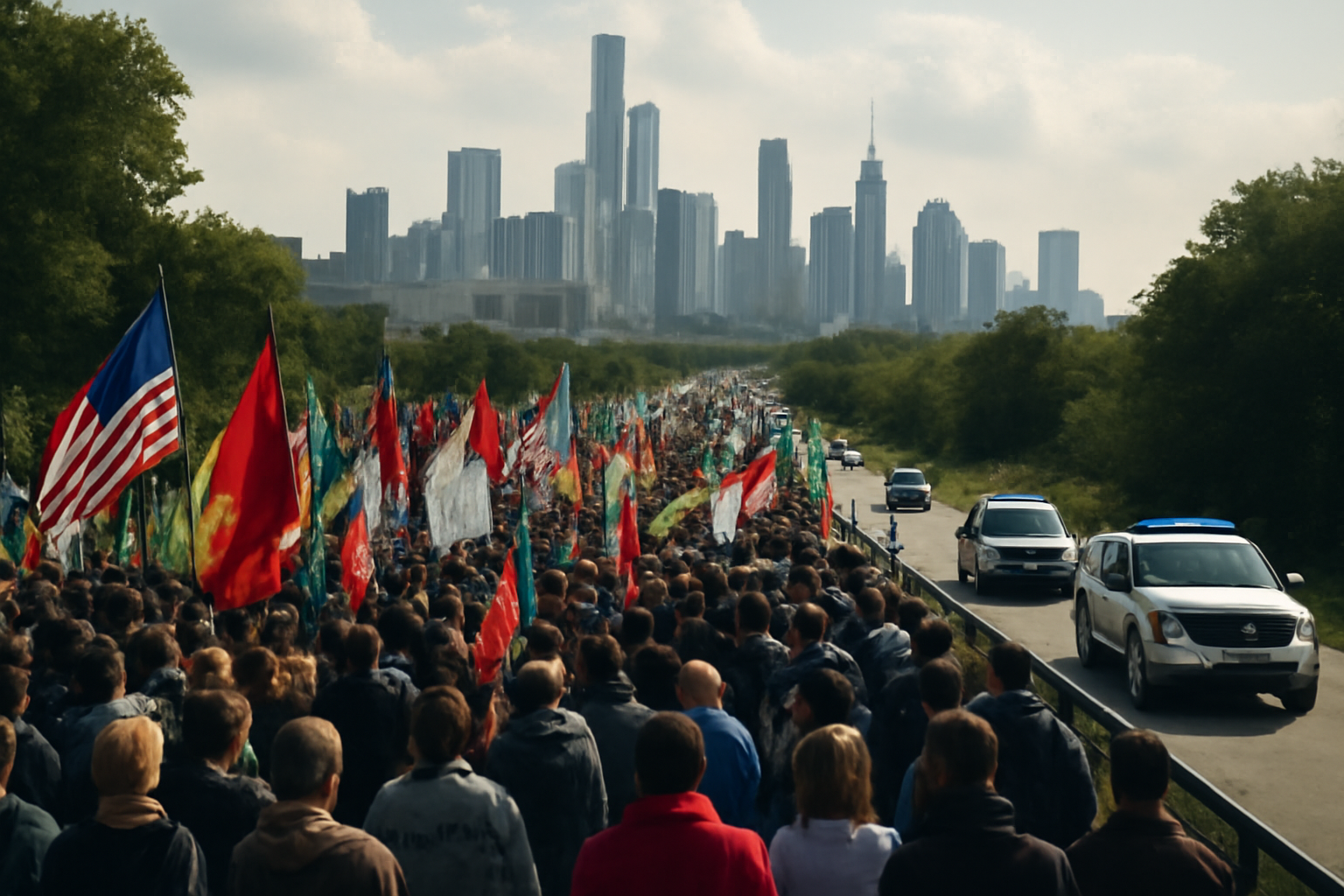 Demonstrators carrying party flags march along a road toward Islamabad during a fuel price protest.