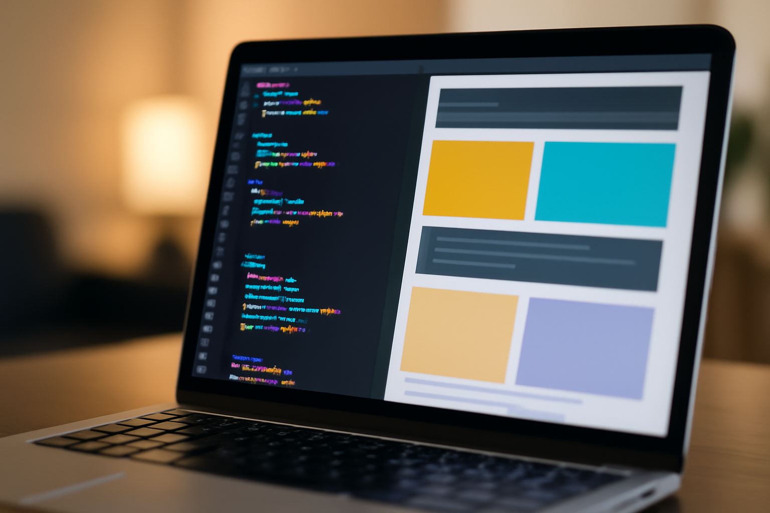 Close-up of colorful CSS code styling a webpage layout on a laptop screen