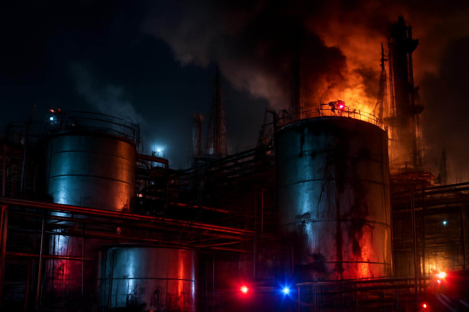 Damaged gas processing infrastructure with smoke rising at night in Ukraine