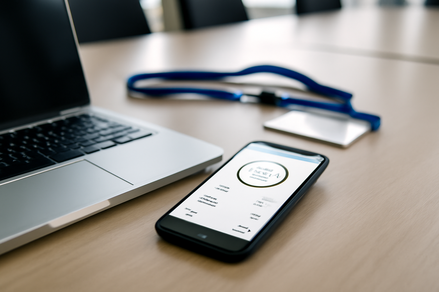 Smartphone displaying a calorie-tracking app interface next to a laptop at a tech conference setting