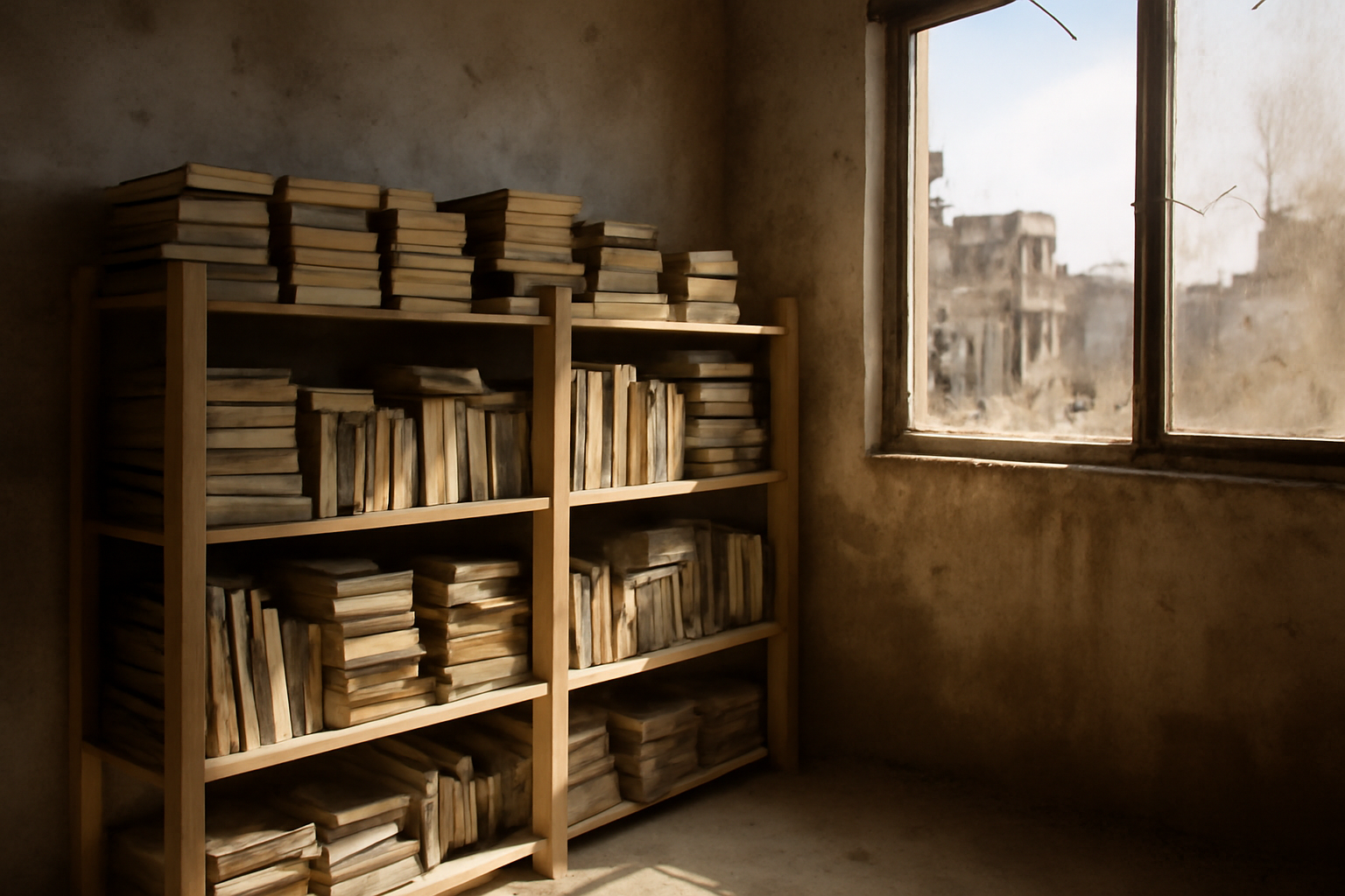 Stacks of rescued books inside a makeshift library shelter in Gaza
