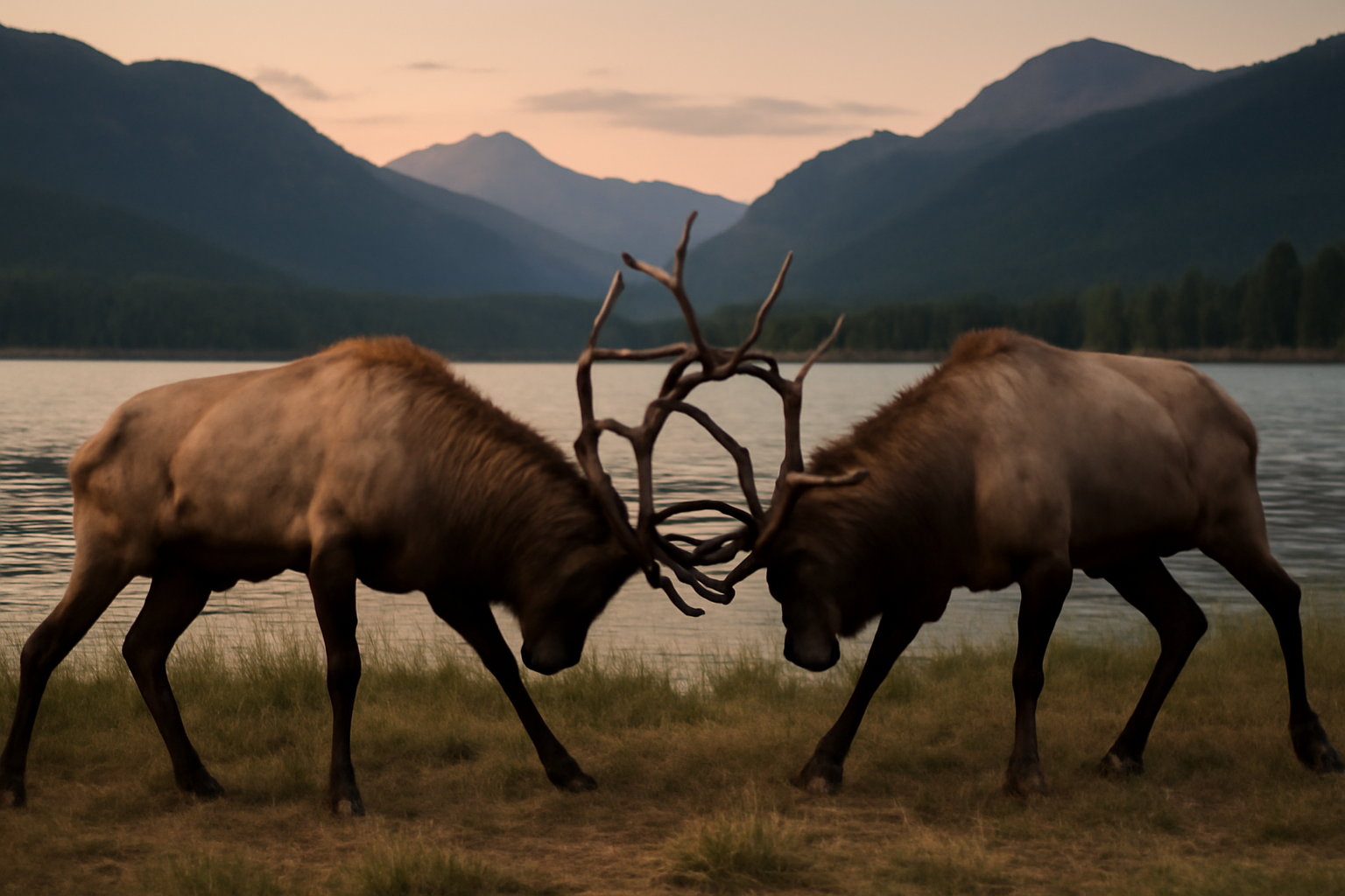 Two bull elk with antlers locked in a fight near a Colorado lake at dusk