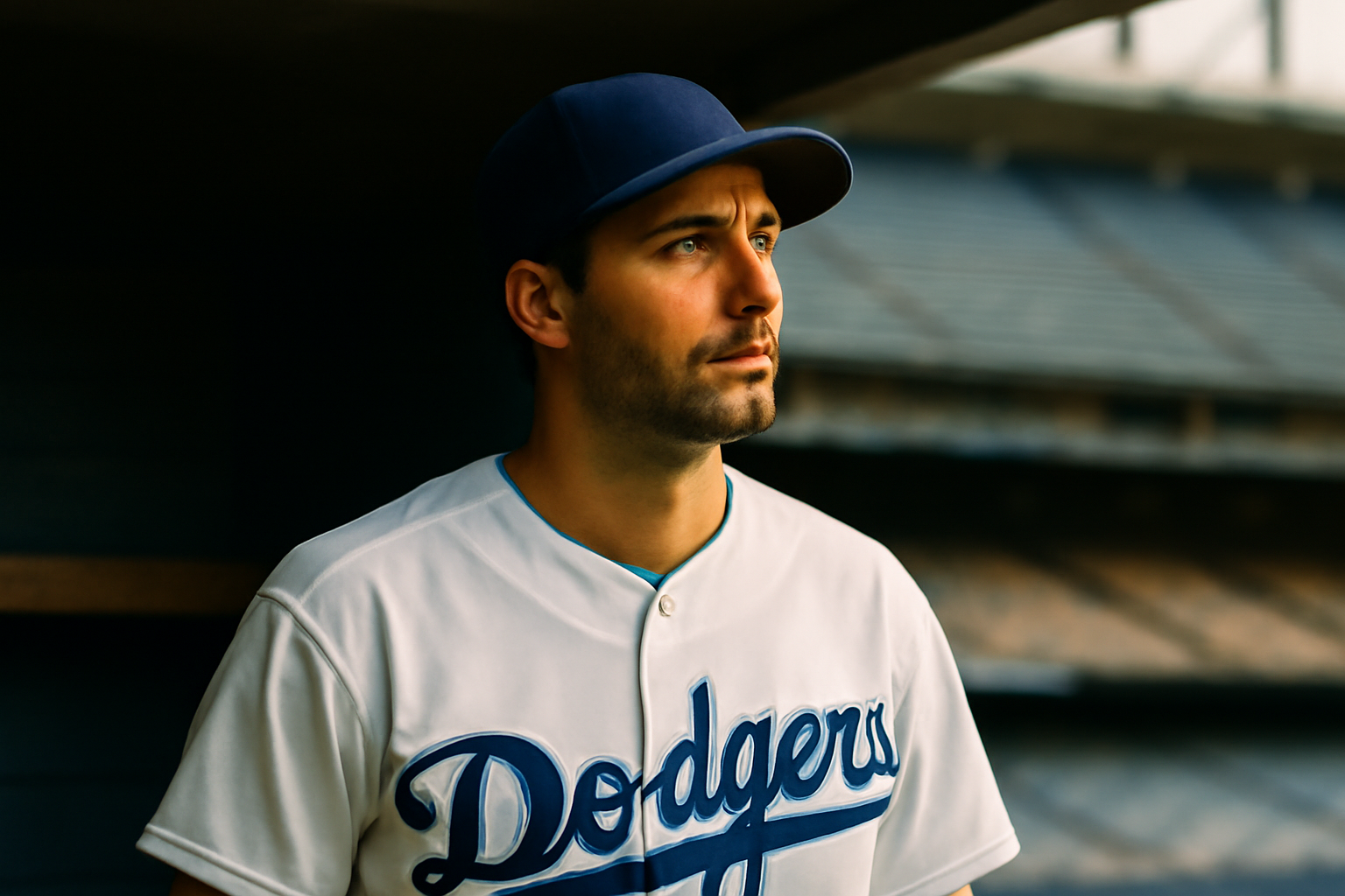 Dodgers pitcher and designated hitter Shohei Ohtani standing in the dugout at Dodger Stadium