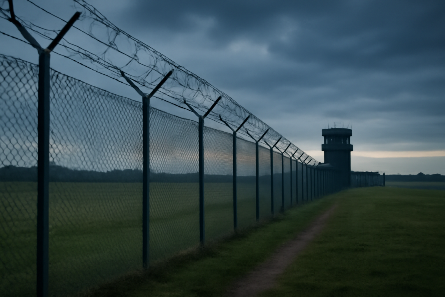 Royal Air Force base perimeter fencing and control tower under an overcast British sky