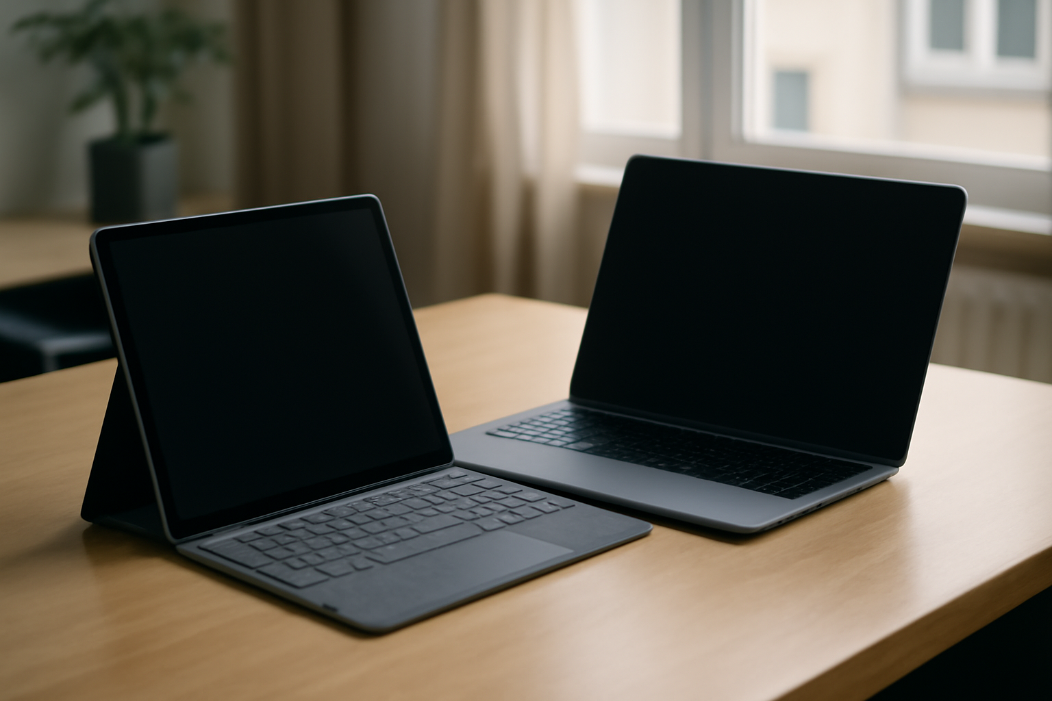 A slim Surface laptop and detachable tablet sit side by side on a desk with a Windows sign-in screen visible