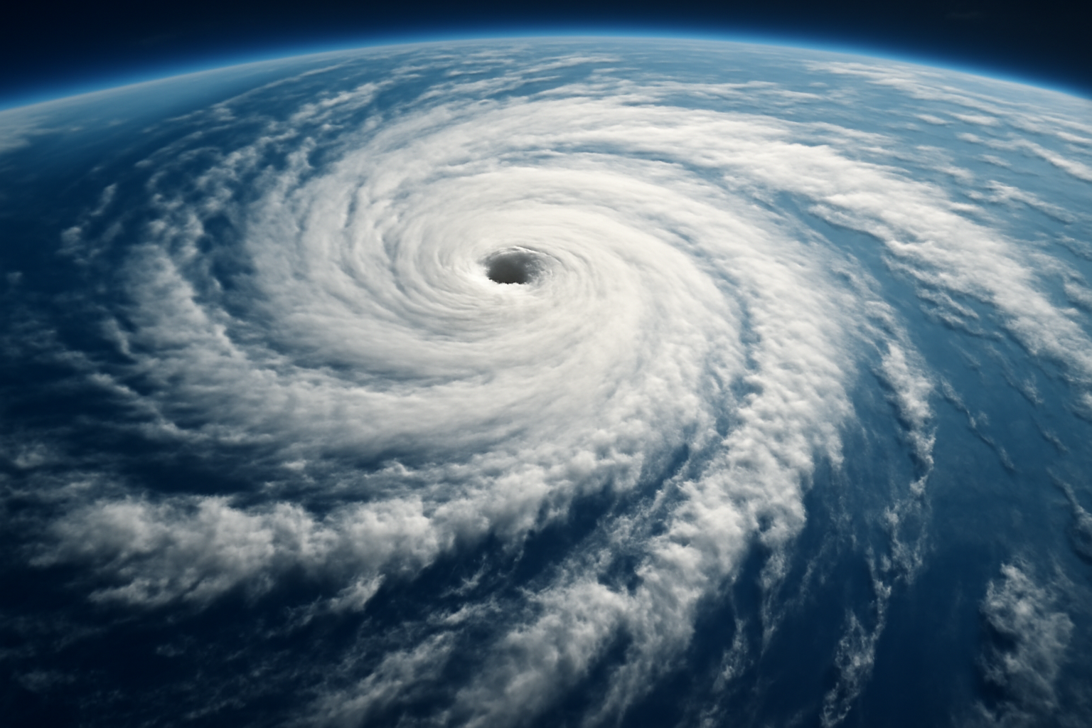 Satellite view of a large tropical storm system spinning over open Pacific Ocean waters