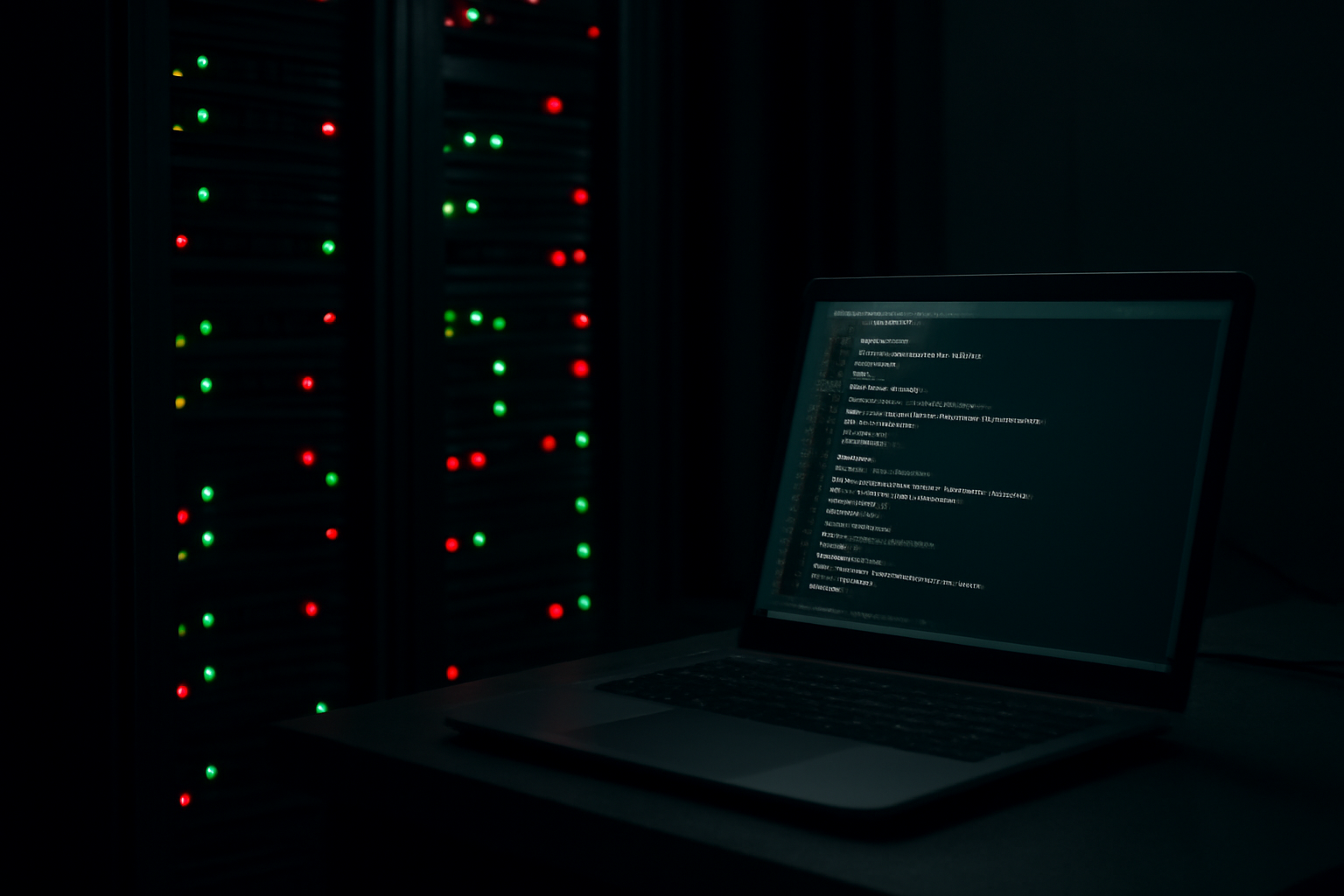 Server room with rows of blinking network equipment under warning lights