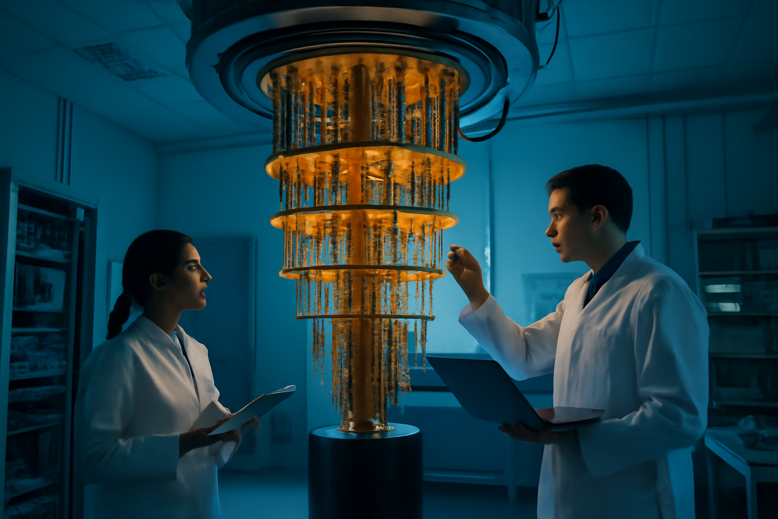 Technicians in a cleanroom examining a cryogenic quantum computing chamber
