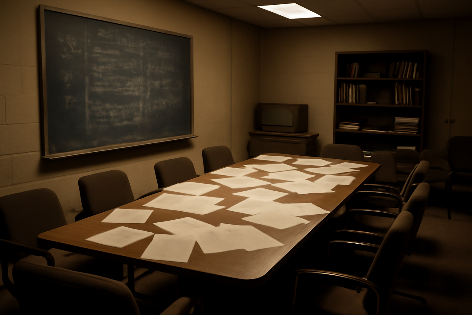 A television writers' room with a whiteboard script outline and empty chairs under studio lighting