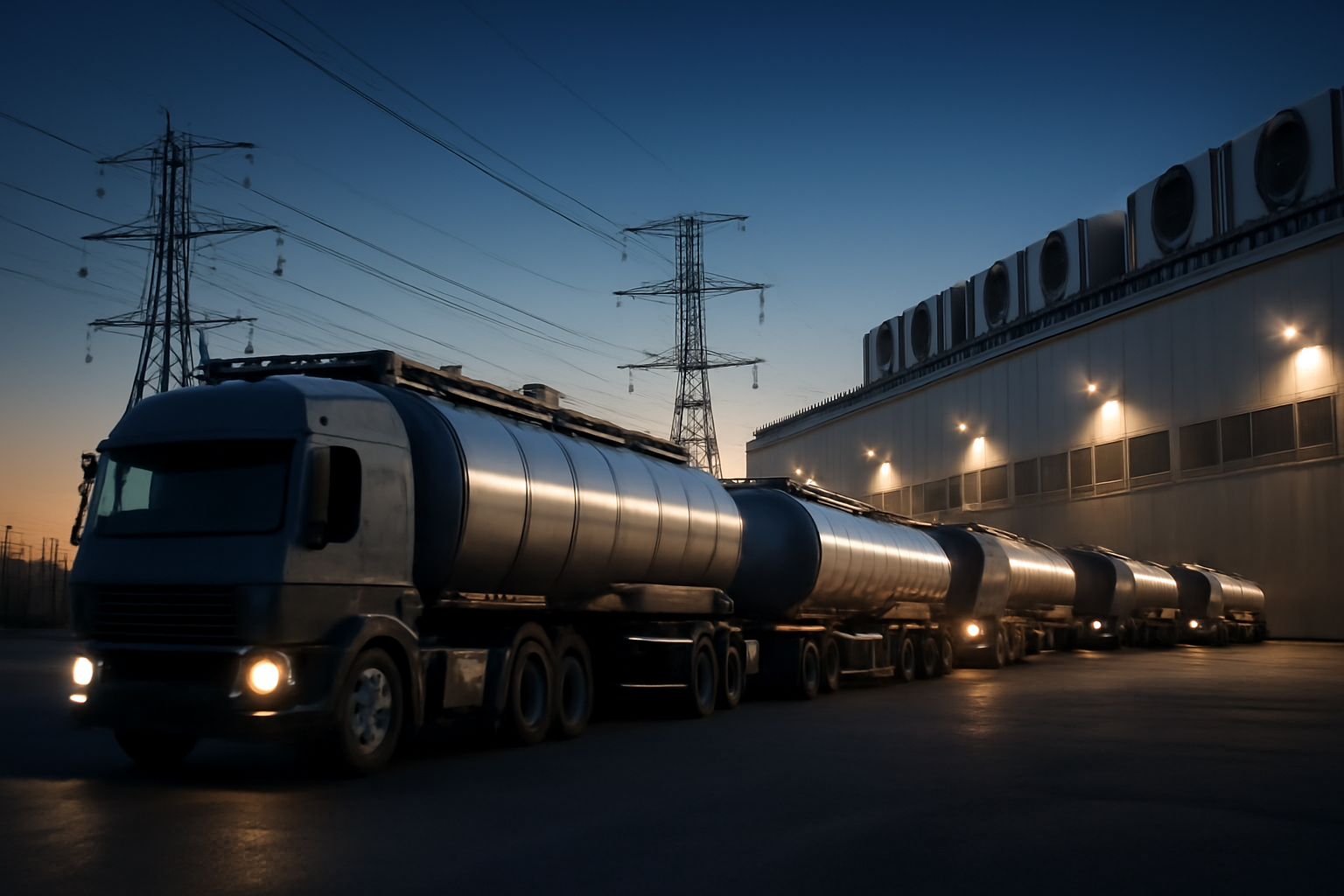 Fuel tanker trucks parked beside a large data center building with power infrastructure visible in the background
