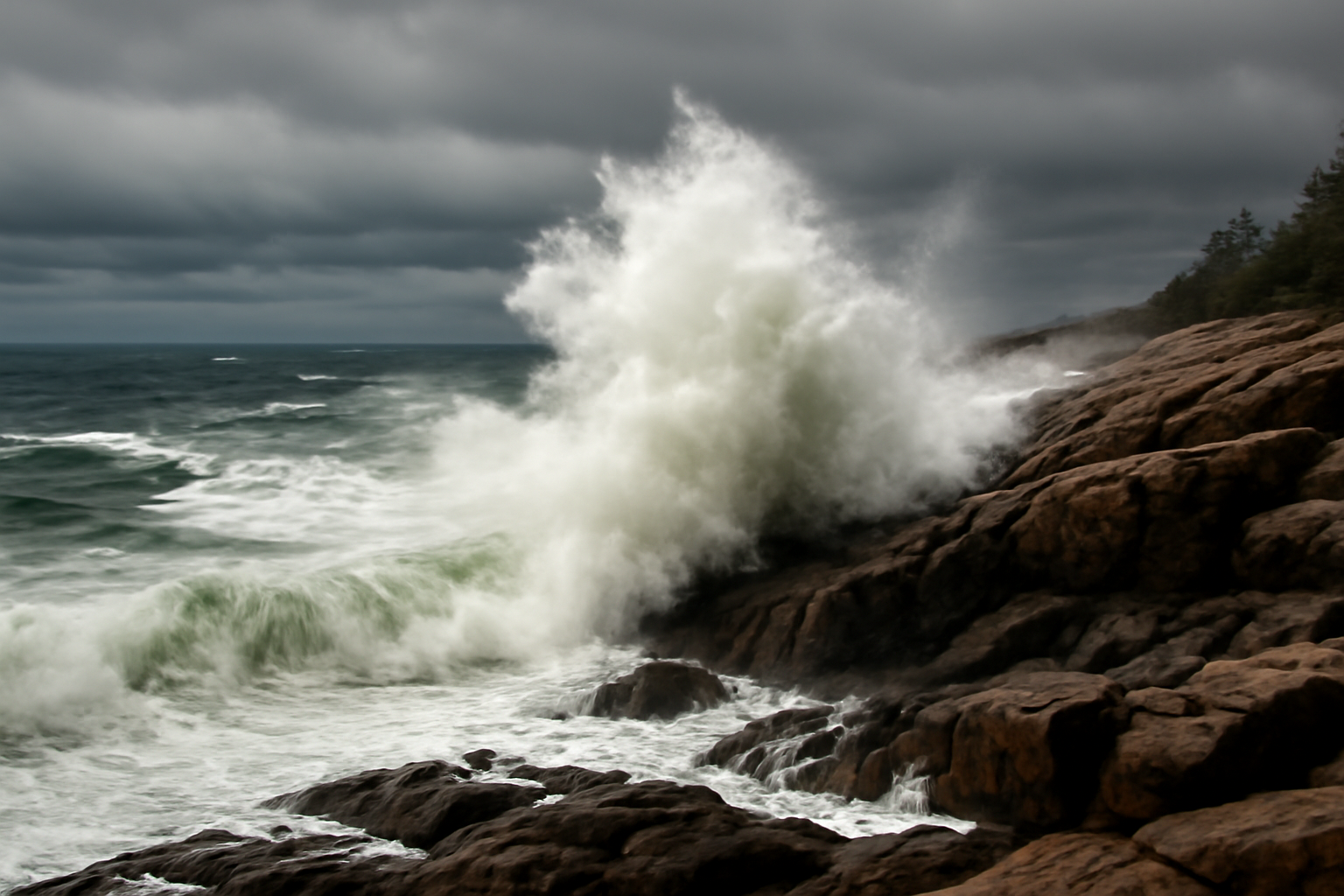 Storm waves crashing along a Northeast coastal boardwalk under a gray sky