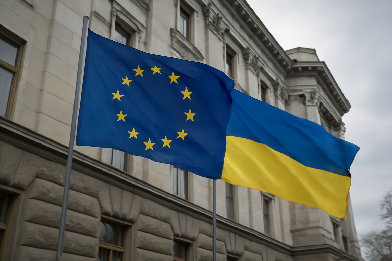 European and Ukrainian flags displayed together outside a government building under overcast skies