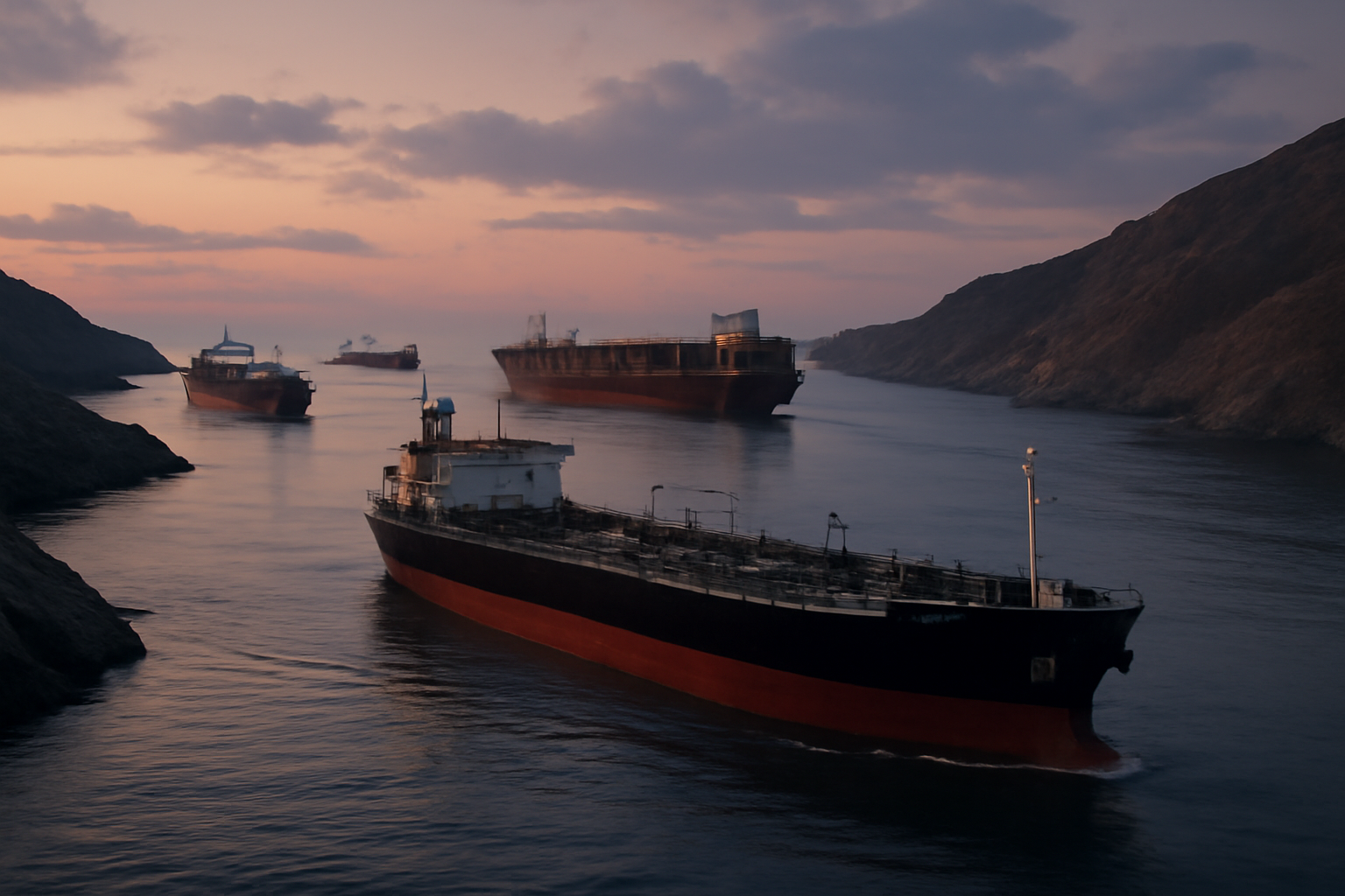 Container ships and oil tankers passing through a narrow strait under a clear sky