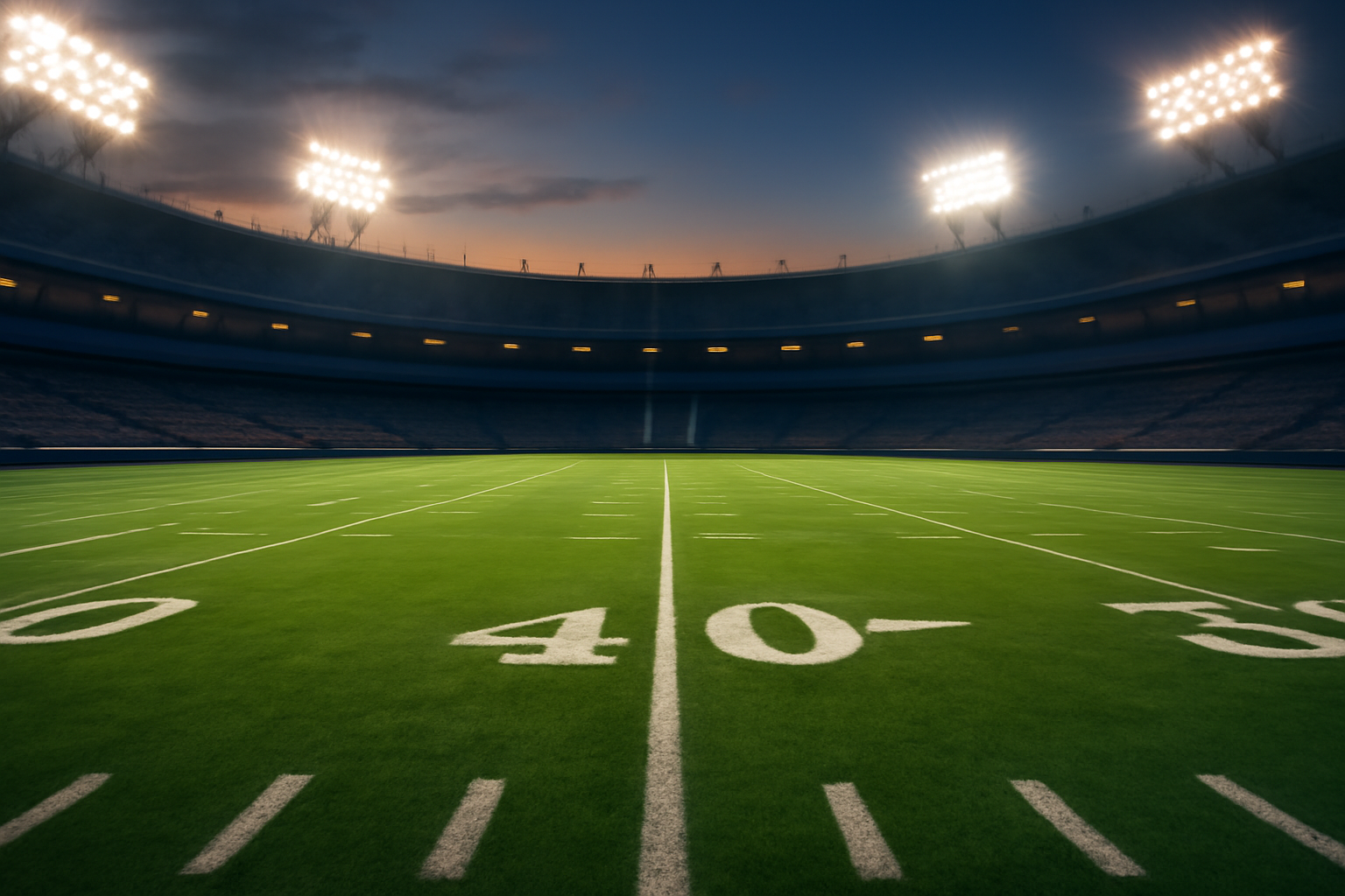 Football on midfield turf under stadium lights before an NFL Sunday kickoff